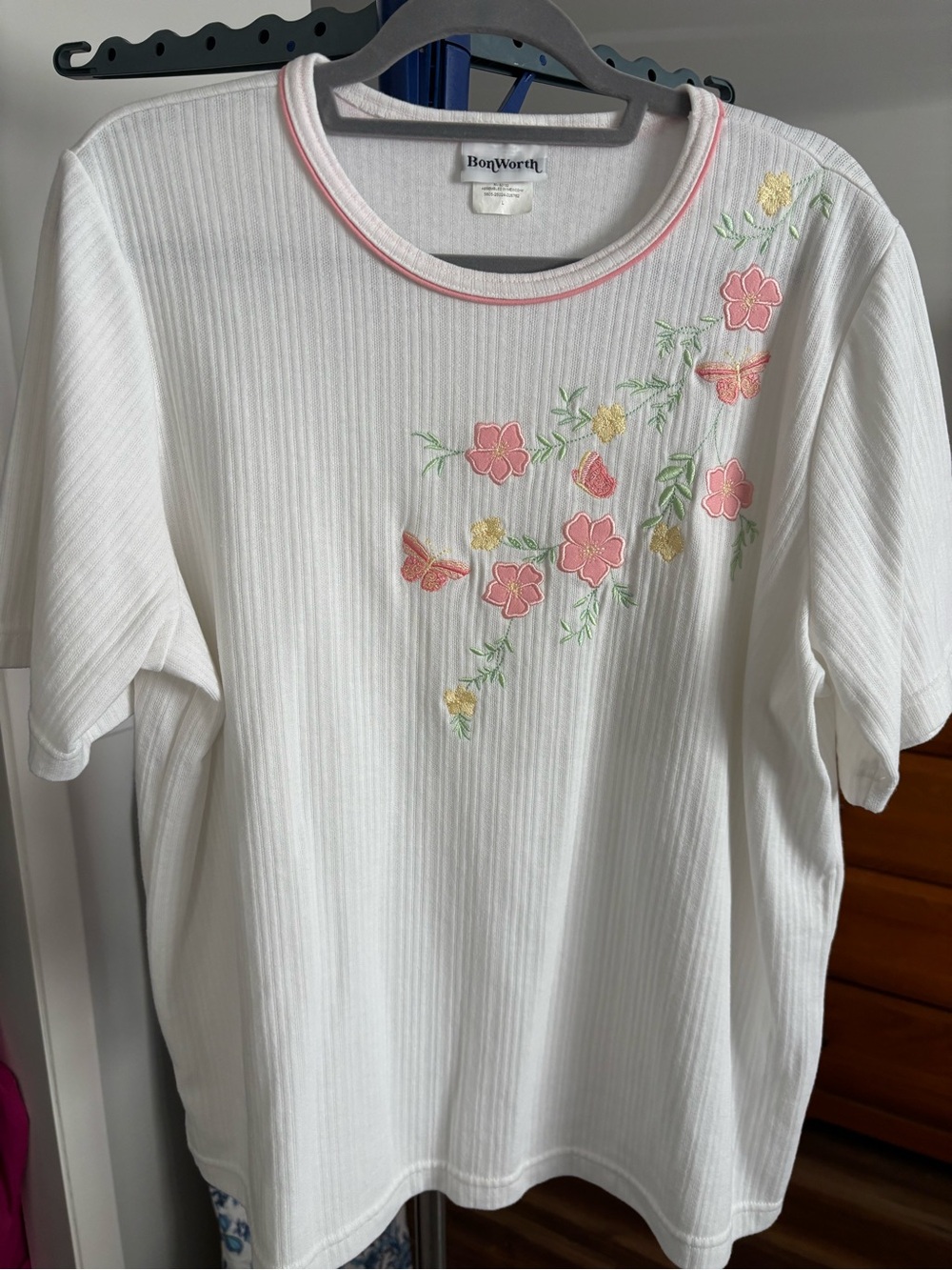 BonWorth White Short Sleeve Top with Pink & Yellow Embroidery